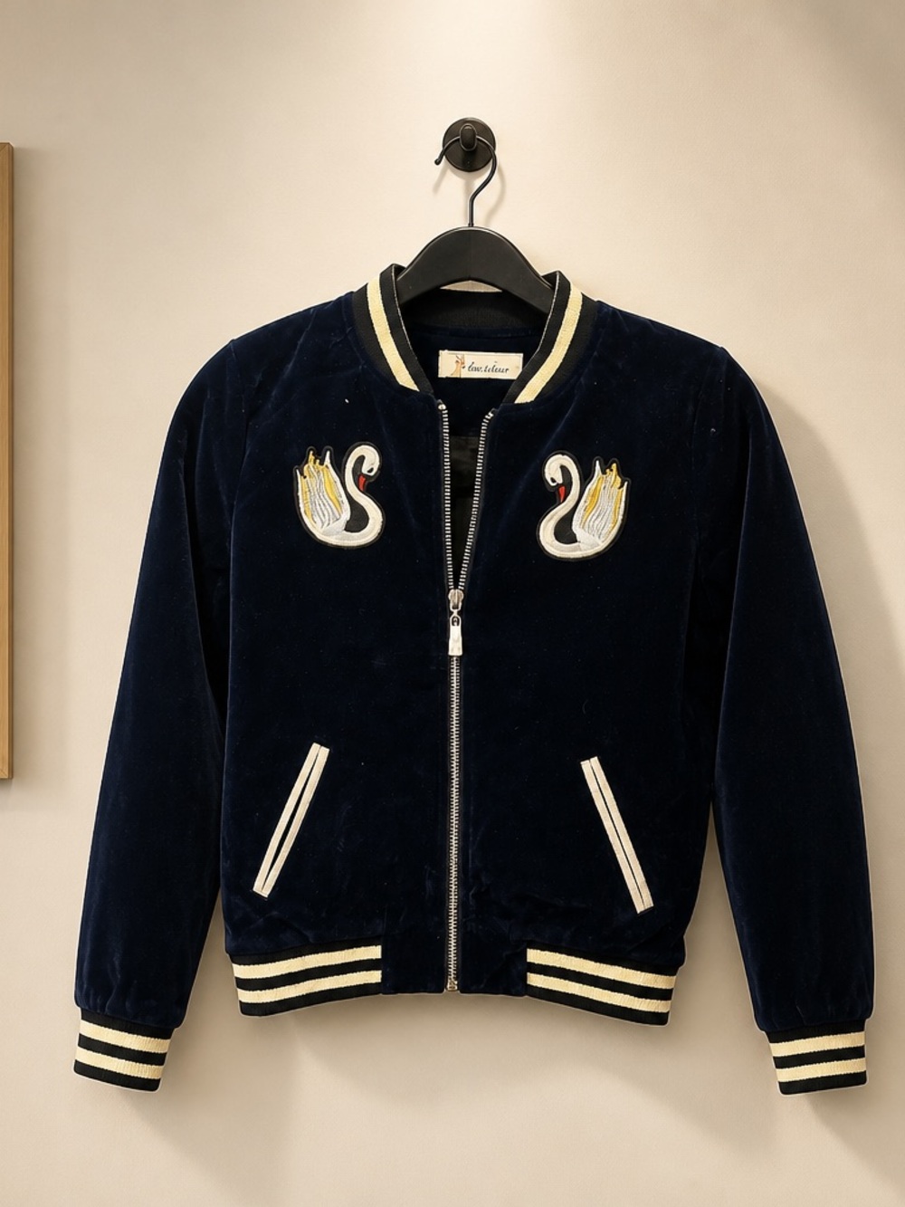 NWOT Doe A Dear Navy & Gold Embroidered Swan Bomber Jacket - Size 6